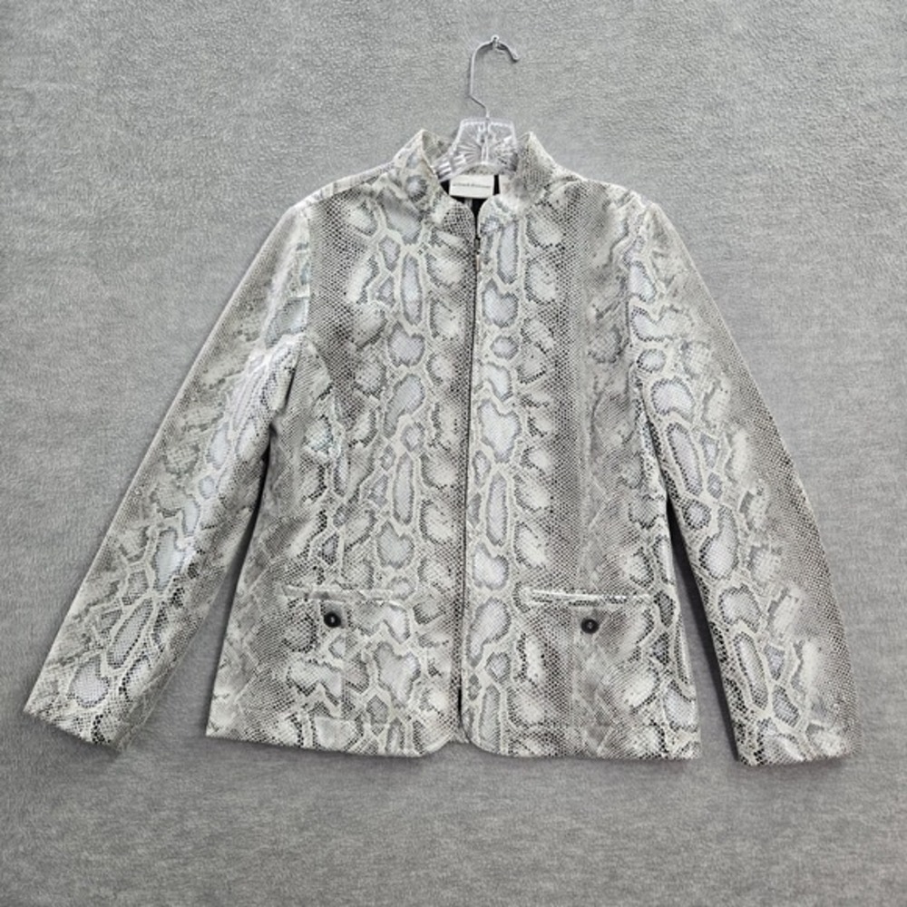 Alfred Dunner Women Jacket 8 Gray Snakeskin Print Full Zip Pockets Mock Neck